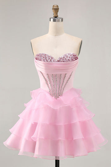 Tiered Beaded A Line Strapless Short Pink Prom Dress
